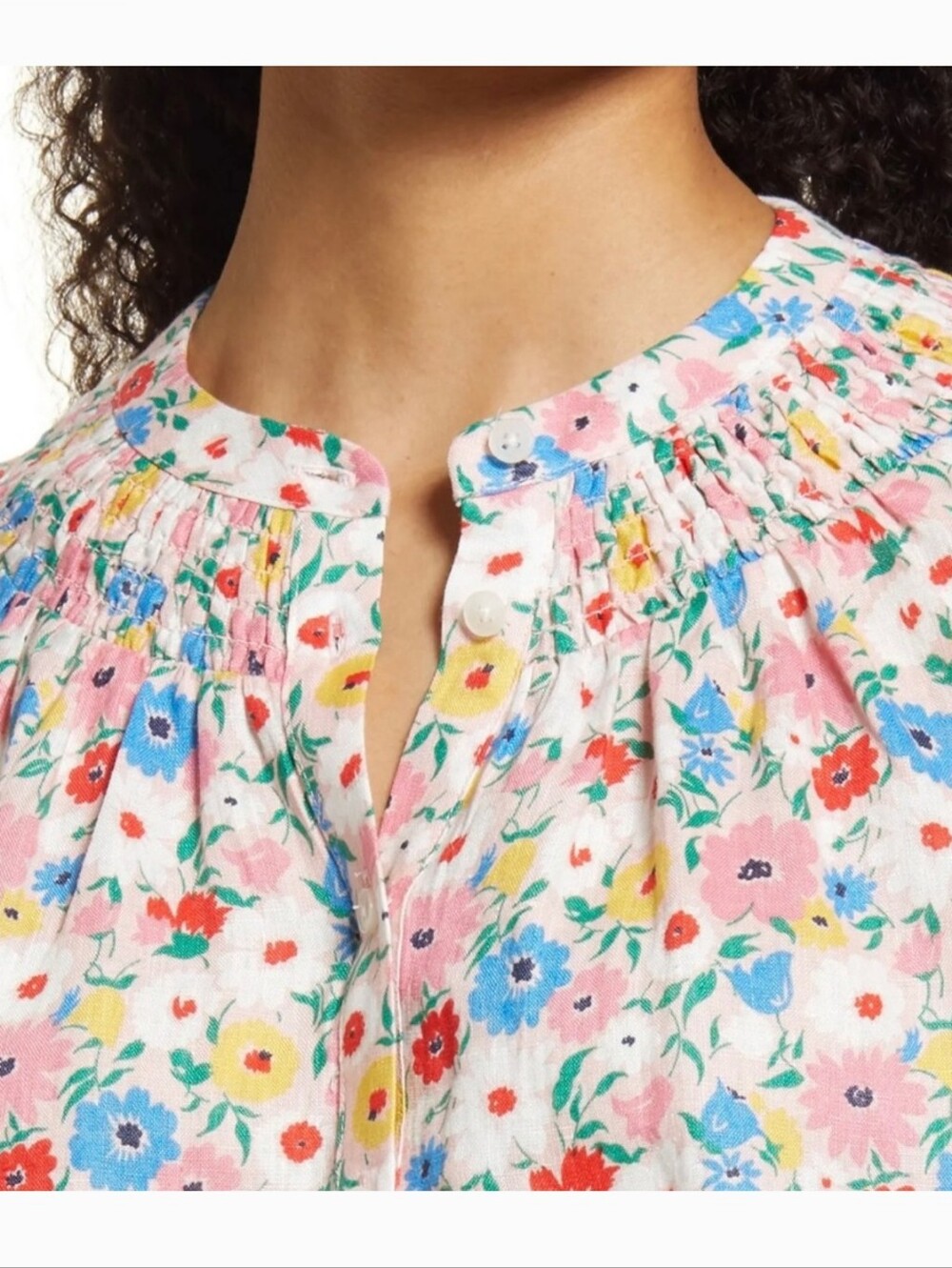 Boden Linen Floral Smocked Blouse Puff Short Sleeve Top Multicolor Size 10 - Picture 3 of 8
